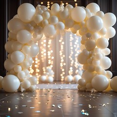 Elegant festive balloon arch with cream and white balloons, golden bokeh lights, and confetti sprinkled on the floor.

