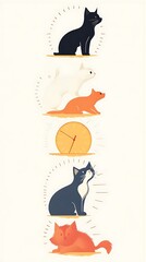 Colorful Cats and a Timepiece Arranged Vertically on Light Background Graphic Style Illustration