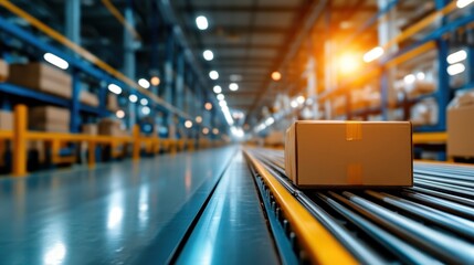 A solitary package travels on a conveyor belt in a factory, depicting the efficiency and streamlined processes inherent in automated supply chain systems.