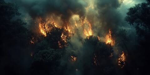 A dramatic scene of a forest fire consuming trees, representing the environmental disaster caused by human actions and the urgency for global conservation efforts.