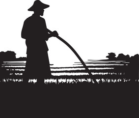 Obraz premium Farmer with mattock in field silhouette vector