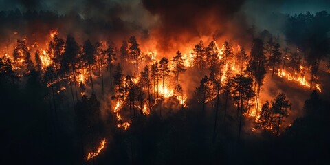A dramatic scene of a forest fire consuming trees, representing the environmental disaster caused by human actions and the urgency for global conservation efforts.