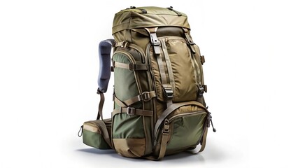 big camping backpack, PNG file of isolated cutout object with shadow on white background.
