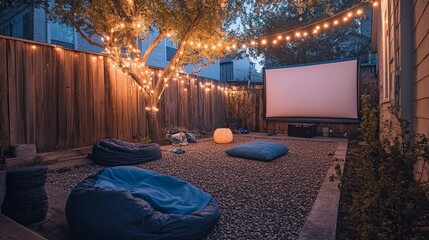 A cozy backyard movie night with a projector, bean bags, and string lights