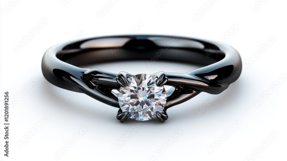 Poster a sophisticated black ring featuring a sparkling diamond prominently displayed, emphasizing a sleek 