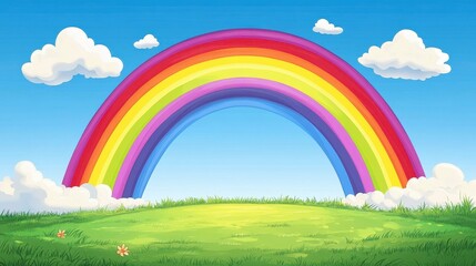 Rainbow arching over a field with clouds, symbol of hope and beauty, vibrant rainbow