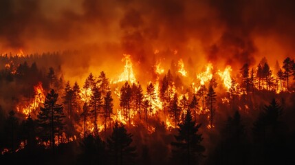 A dramatic scene of a forest fire consuming trees, representing the environmental disaster caused by human actions and the urgency for global conservation efforts.