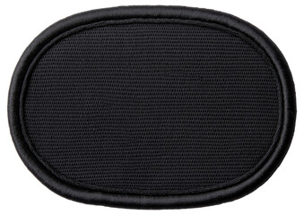 Blank black patch for clothing with a textured surface and sturdy border isolated on transparent background.