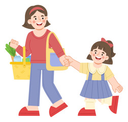 Illustration of mother and daughter shopping for groceries