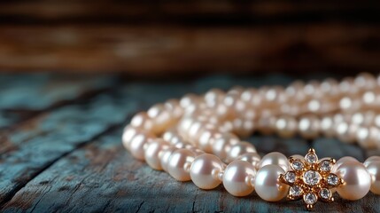 A close-up shot of a refined pearl necklace arranged on a rustic surface, emphasizing luxury, sophistication, and the timeless allure of pearls.
