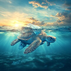 Fototapeta premium A sea turtle trapped in a plastic bag, highlighting the critical issue of ocean pollution. Ideal for environmental campaigns.