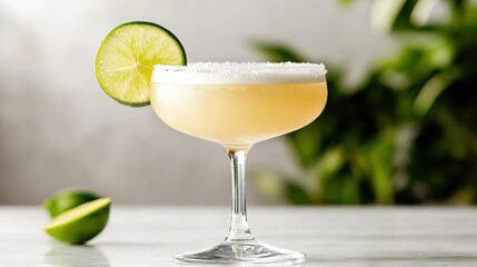 A crisp margarita cocktail in focus, highlighting the lime garnish and salted rim, set against a blurred green background, invoking refreshing summer vibes.