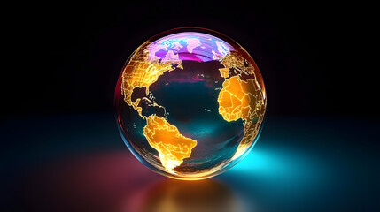 vibrant glowing glass globe showcasing the Americas with brilliant hues, symbolizing global connectivity, innovation, and the illumination of knowledge in a modern world of endless possibilities