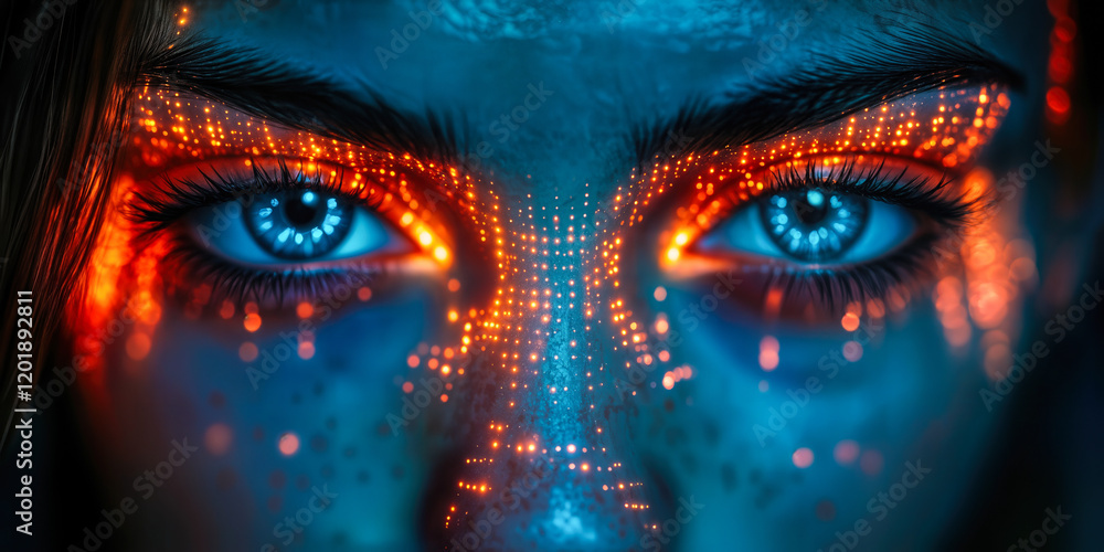 Poster futuristic digital interface on human face symbolizing explainable ai and data transparency
