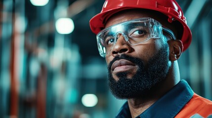A focused engineer wearing a red hard hat and goggles, stands in an industrial setting, highlighting safety and determination in the workplace.