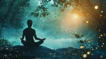 Obraz premium A serene photo of a person meditating on mindfulness, with a background of serene nature
