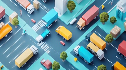 Same-day delivery network flat design top view metropolitan theme 3D render split-complementary color scheme 