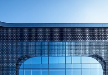 Modern Architectural Design Featuring Blue Glass Facade with Unique Patterns Under Clear Sky, Perfect for Contemporary Urban Aesthetics and Real Estate Marketing