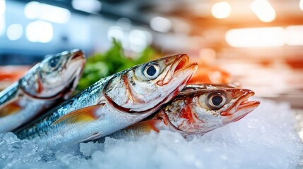 Fresh sardines are artistically arranged on a pile of ice at a market. The gleam of their scales and bright backdrop convey vibrancy and freshness in the scene.