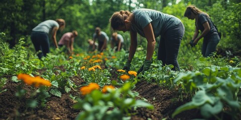 Volunteers planting trees in a green forest, promoting teamwork and sustainability. Perfect for ecological restoration and environmental awareness projects.