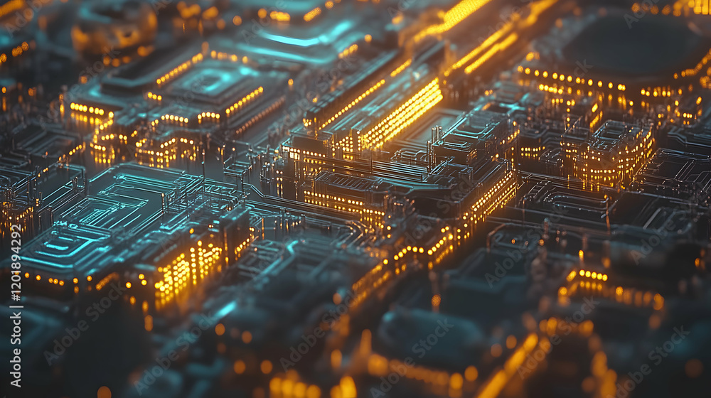Poster abstract close-up of a glowing circuit board, showcasing intricate technological details and illumin