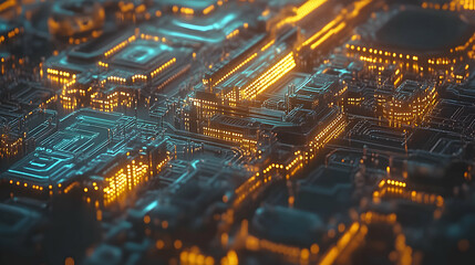 Abstract close-up of a glowing circuit board, showcasing intricate technological details and illuminated pathways. Ideal for tech, innovation, and futuristic concepts.