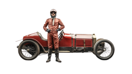 A vintage race car driver stands proudly beside a classic red automobile, showcasing a blend of nostalgia and automotive passion.