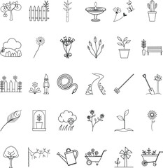 Gardening Icons Plants, Flowers, Tools, Fence, and Landscape