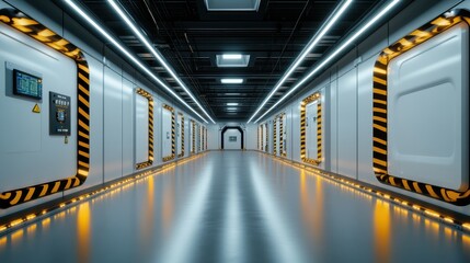 Obraz premium An industrial corridor's design includes prominent warning stripes and ample lighting, depicting a modern and secure space with futuristic technology undertones.