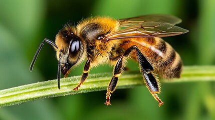 Close-up of a honeybee perched on a green stem, showcasing intricate details and natural habitat