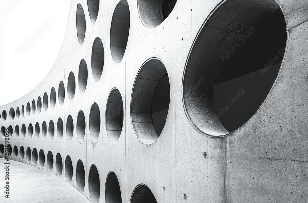 Poster modern architectural design featuring innovative concrete wall with circular openings creating a uni