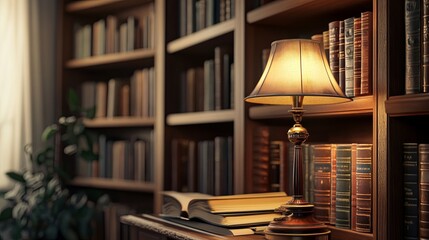 A cozy library corner with a vintage lamp and stacks of books on wooden shelves