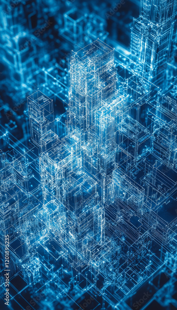 Poster aerial view of complex cable networks in blueprint style