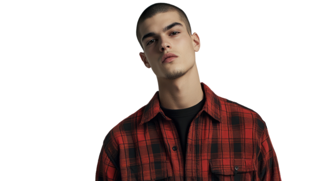 A young man with a confident expression poses in a flannel shirt, showcasing urban style and individuality against a neutral backdrop. - Powered by Adobe