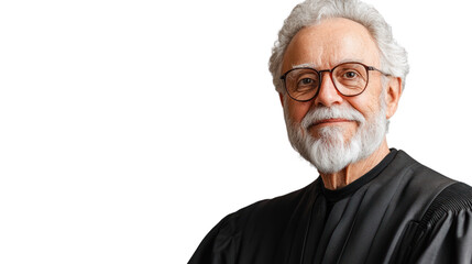 Obraz premium A distinguished senior judge smiles confidently, wearing formal judicial attire, showcasing wisdom and experience in a professional setting.