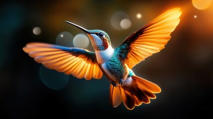 Obraz premium This image features a hummingbird in motion with luminously glowing wings, set against a richly hued background, capturing the essence of natural beauty and grace.