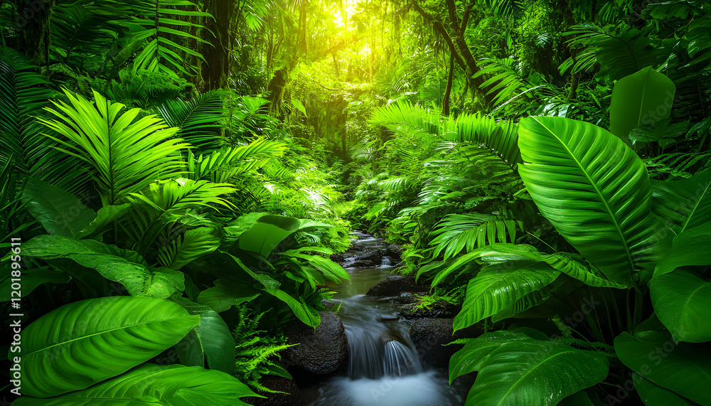 Poster lush tropical rainforest scene with a tranquil stream flowing through vibrant green foliage. sunligh