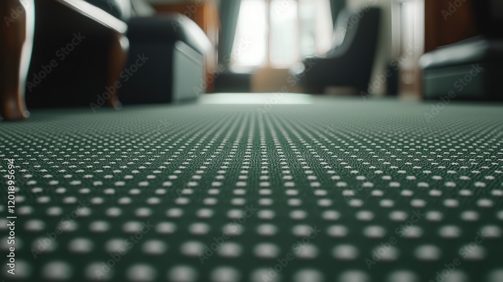 Poster textured green carpet with repeating dot pattern in interior setting