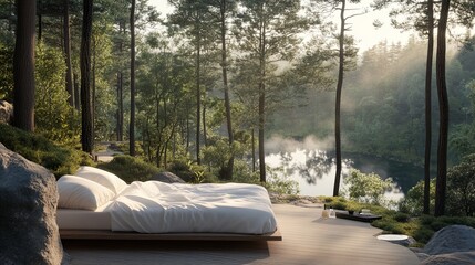A cozy outdoor bed with crisp white bedding overlooking a tranquil forest