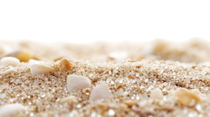 Close-up view of fine sand grains mixed with small pebbles, capturing the beauty of a serene beach landscape under natural sunlight.