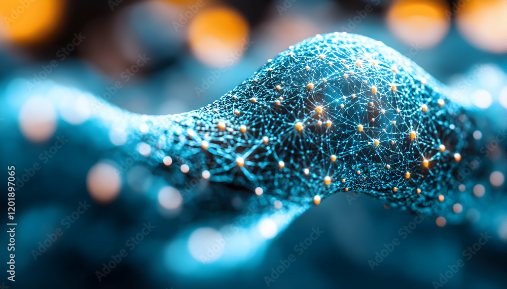 Poster abstract digital network connection; glowing nodes and lines forming a wave-like structure, represen