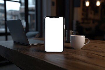 Business - technology and office concept - Hand holding mobile phone with blank screen in office.