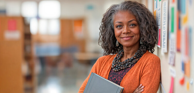 Close up portrait of a mature female teacher smiling in a classroom expressing confidence and wisdom