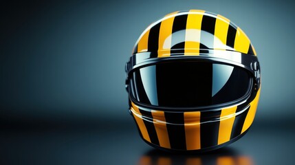 A sleek motorcycle helmet with bold black and yellow stripes, displayed against a dark gradient background, highlighting the helmet's glossy finish.
