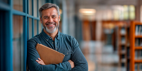 Close up portrait of a mature male teacher smiling in a classroom expressing confidence and wisdom