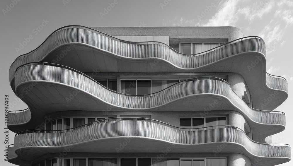 Aufkleber modern architectural design of a curved building with unique wave-like balconies in black and white 