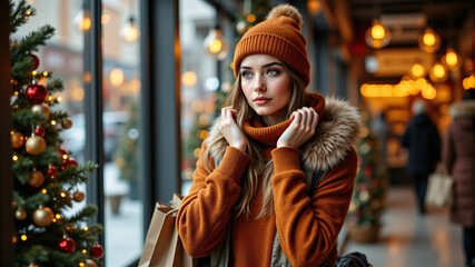 Obraz premium A stylish woman in a cozy brown sweater and hat, perfect for winter fashion inspiration.