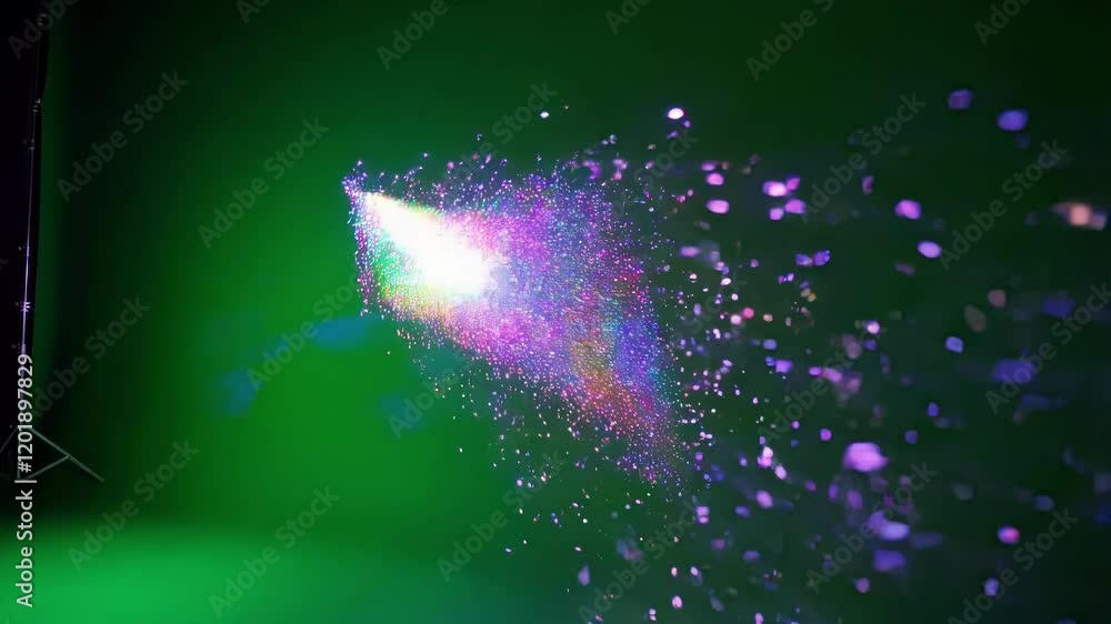 Poster bright, colorful particles explode and scatter, creating a dynamic visual effect against a solid gre