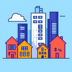 A vibrant cityscape illustration featuring a mix of colorful houses and tall buildings against a blue sky.