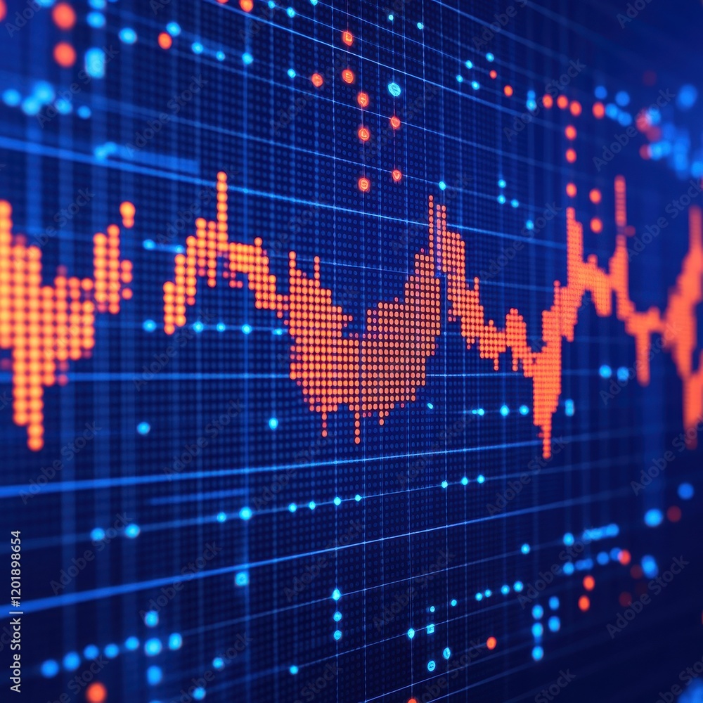 Poster abstract digital data visualization with vibrant colors depicting fluctuating statistics in a modern
